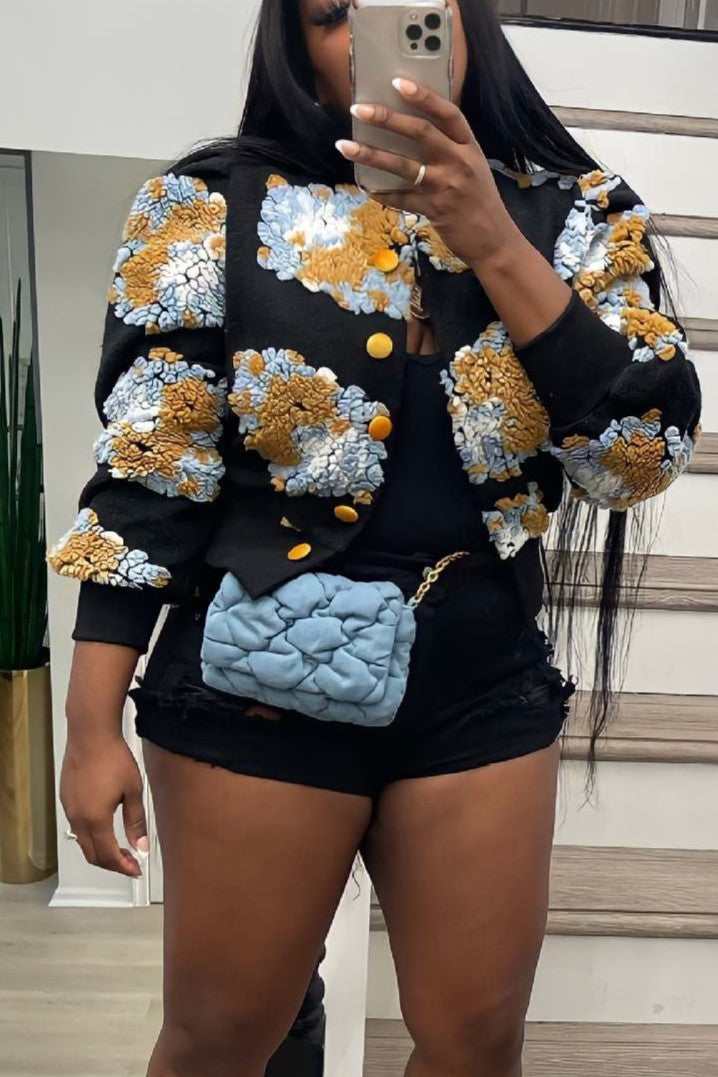 Puff Floral Applique Cropped Bomber Jacket - black-1 - 4