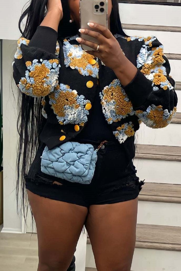 Puff Floral Applique Cropped Bomber Jacket - black-1 - 5