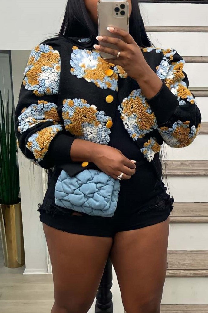 Puff Floral Applique Cropped Bomber Jacket - black-1 - 6
