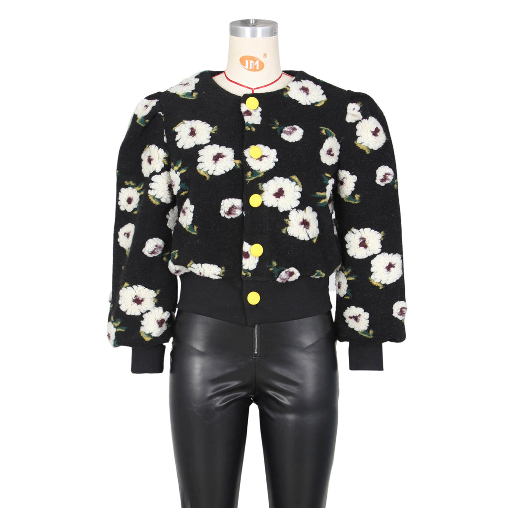 Puff Floral Applique Cropped Bomber Jacket - black-2 - 1