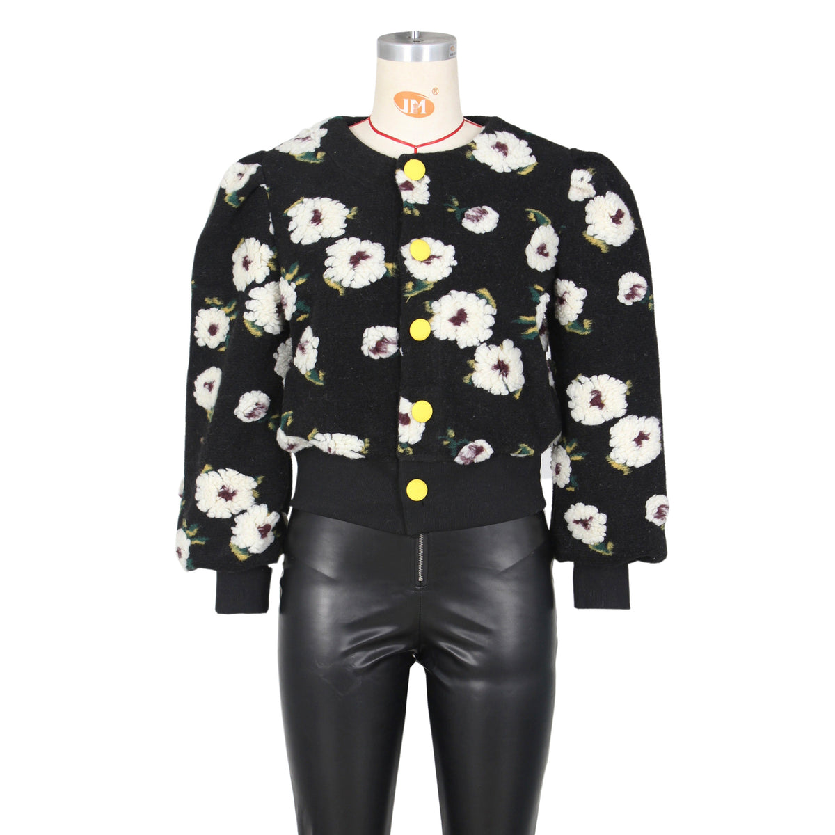 Puff Floral Applique Cropped Bomber Jacket - black-2 - 1