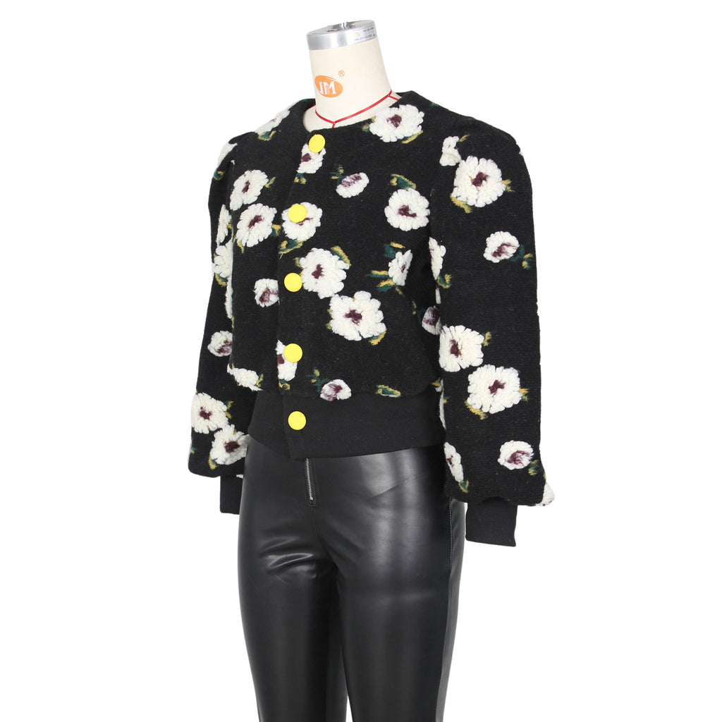 Puff Floral Applique Cropped Bomber Jacket - black-2 - 2