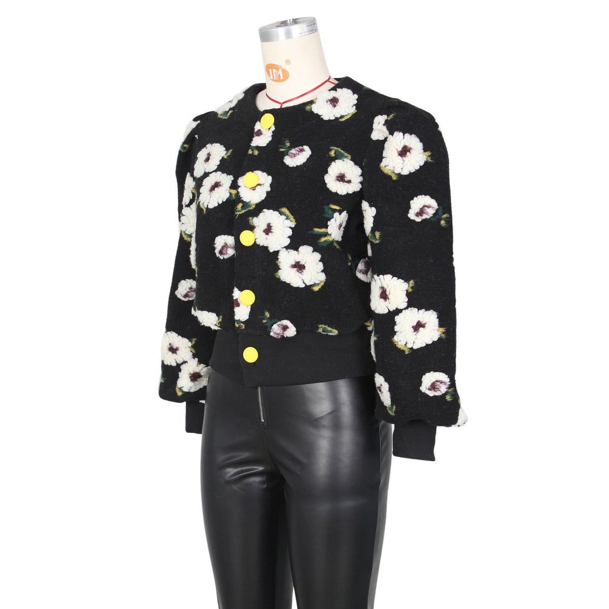 Puff Floral Applique Cropped Bomber Jacket - black-2 - 2