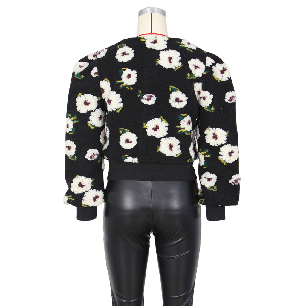Puff Floral Applique Cropped Bomber Jacket - black-2 - 3
