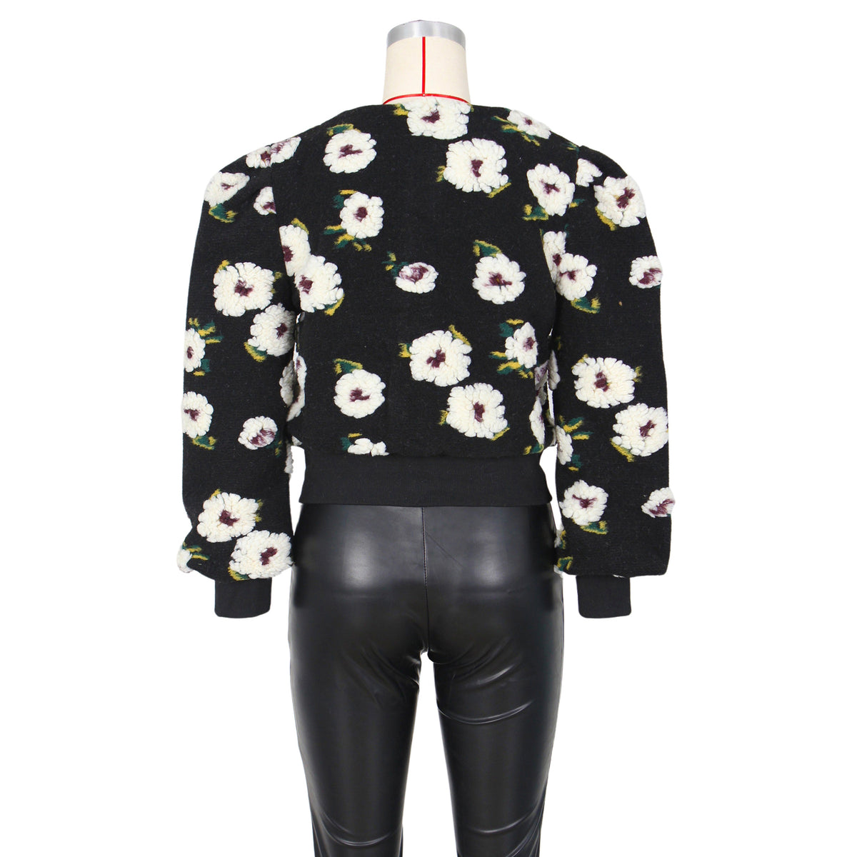 Puff Floral Applique Cropped Bomber Jacket - black-2 - 3