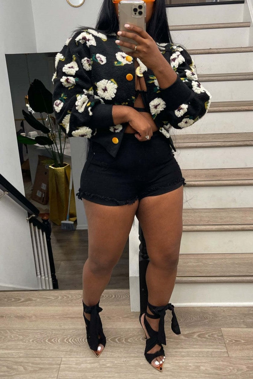 Puff Floral Applique Cropped Bomber Jacket - black-2 - 4