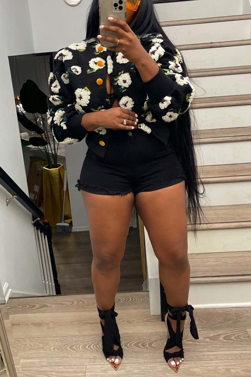 Puff Floral Applique Cropped Bomber Jacket - black-2 - 5