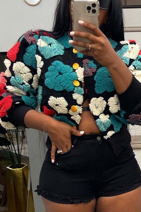 Puff Floral Applique Cropped Bomber Jacket - black-3