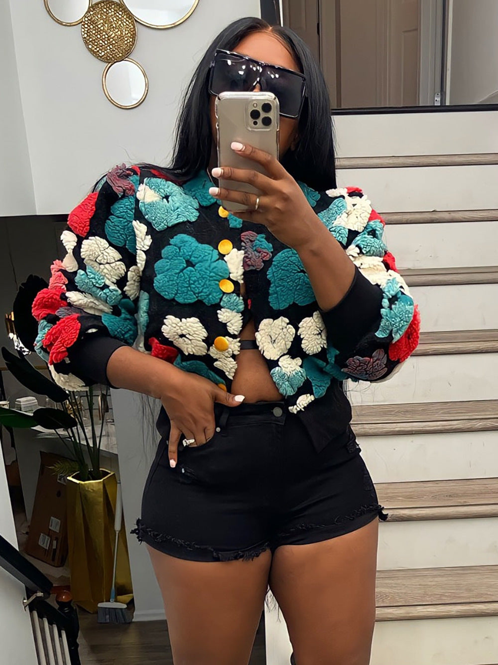 Puff Floral Applique Cropped Bomber Jacket - black-3 - 1