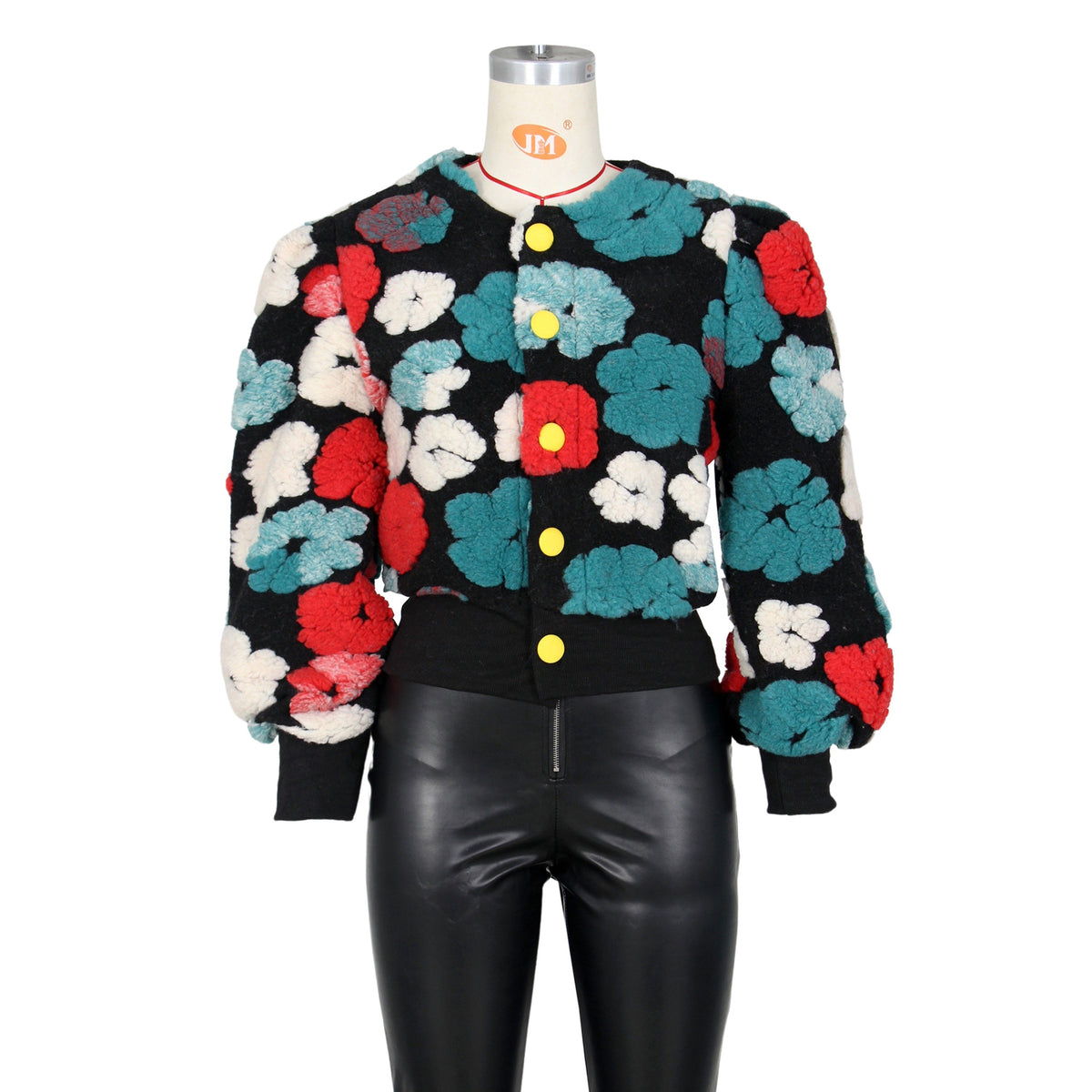 Puff Floral Applique Cropped Bomber Jacket - black-3 - 2