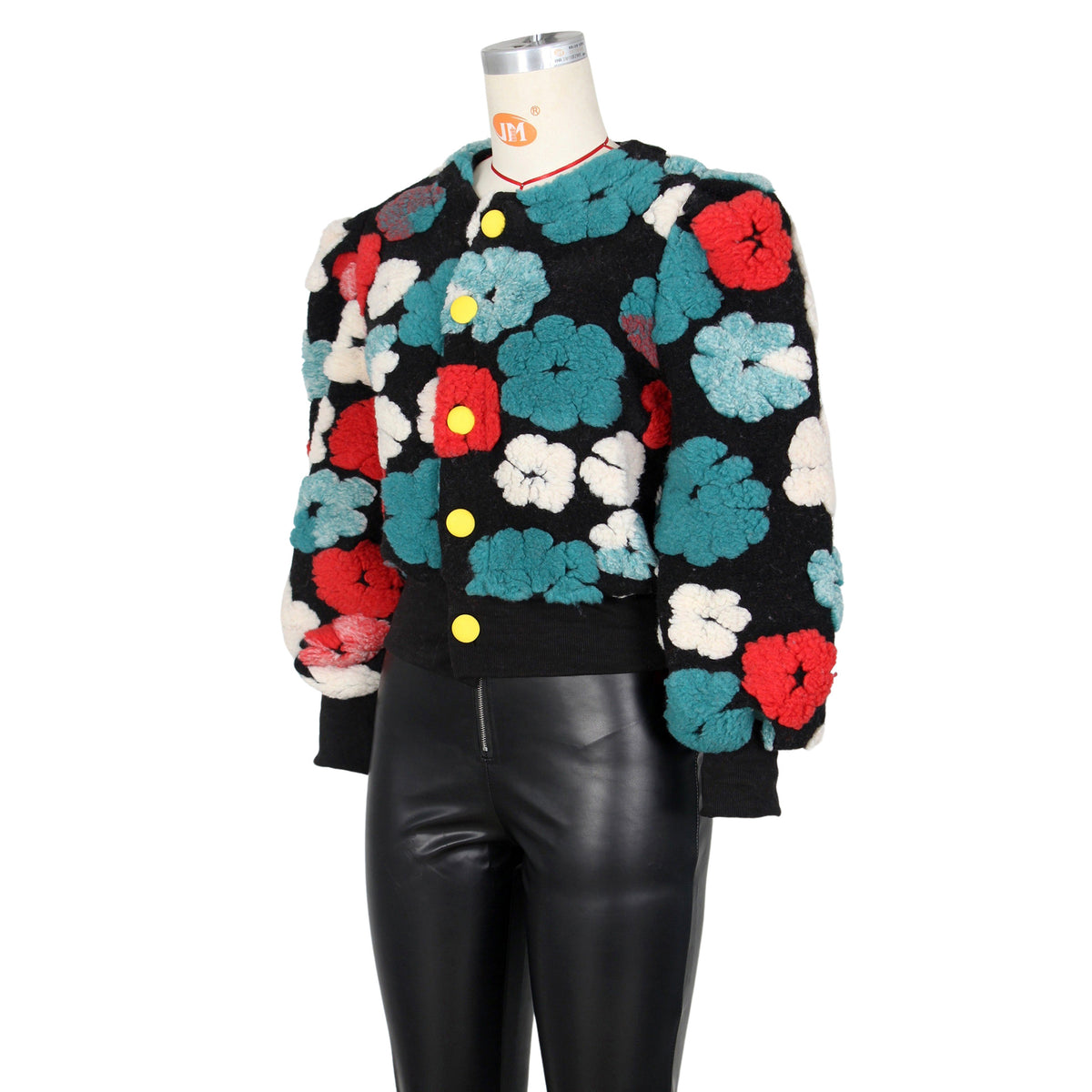 Puff Floral Applique Cropped Bomber Jacket - black-3 - 3