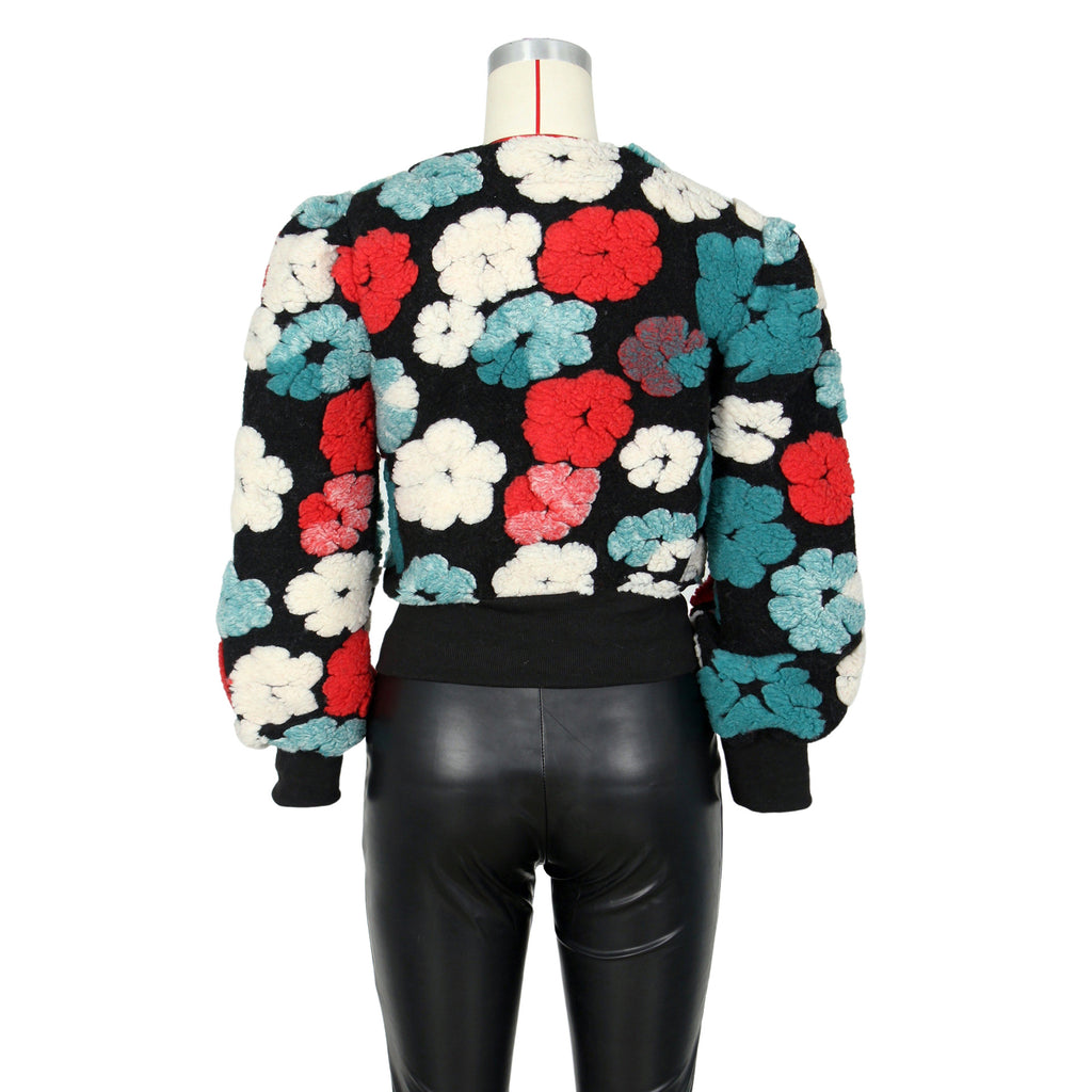 Puff Floral Applique Cropped Bomber Jacket - black-3 - 4