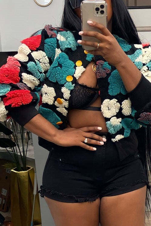 Puff Floral Applique Cropped Bomber Jacket - black-3 - 5