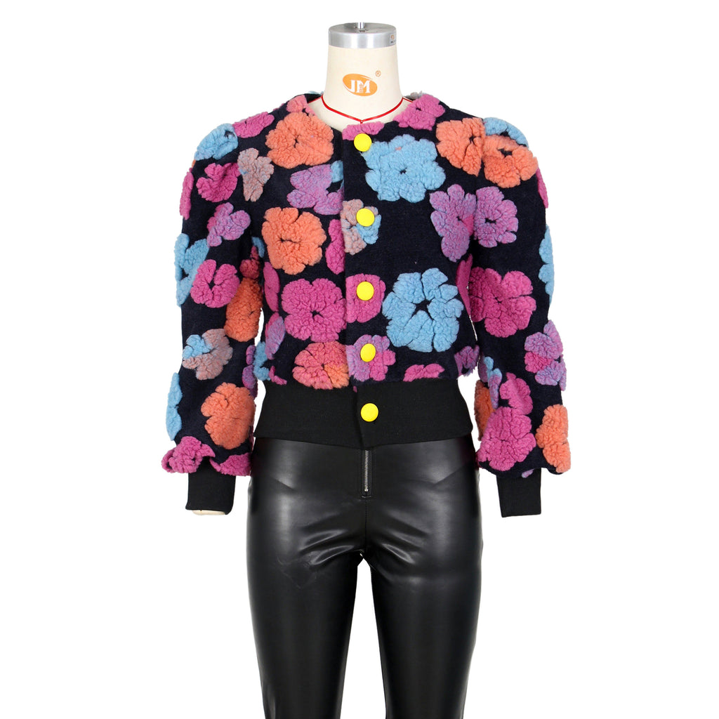 Puff Floral Applique Cropped Bomber Jacket - black-4 - 1