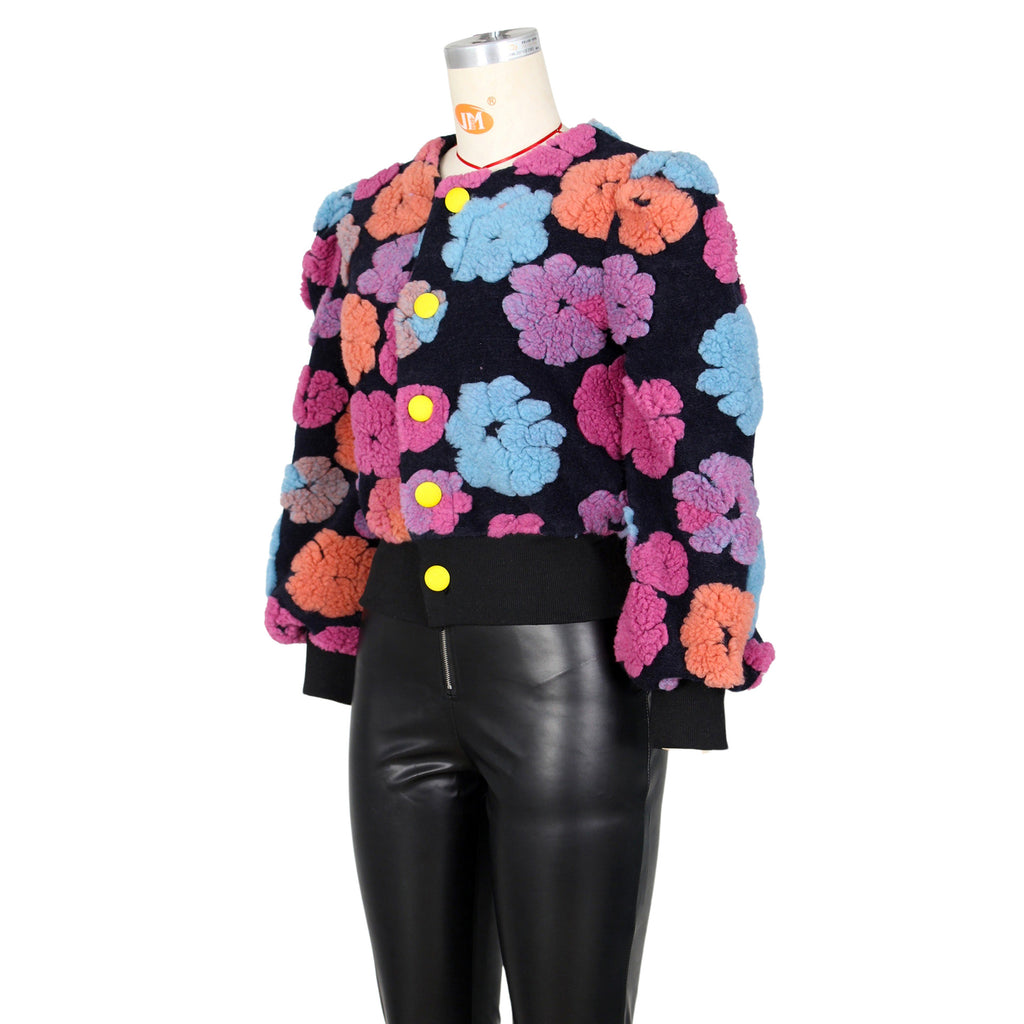 Puff Floral Applique Cropped Bomber Jacket - black-4 - 2