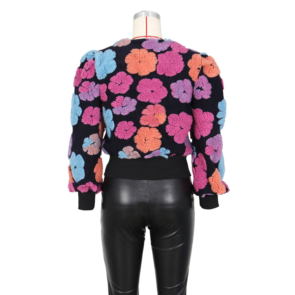 Puff Floral Applique Cropped Bomber Jacket - black-4 - 3