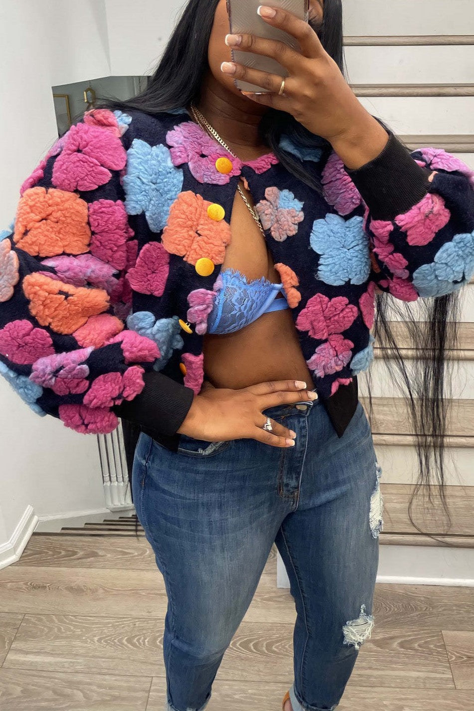 Puff Floral Applique Cropped Bomber Jacket - black-4 - 4