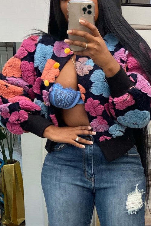 Puff Floral Applique Cropped Bomber Jacket - black-4 - 5