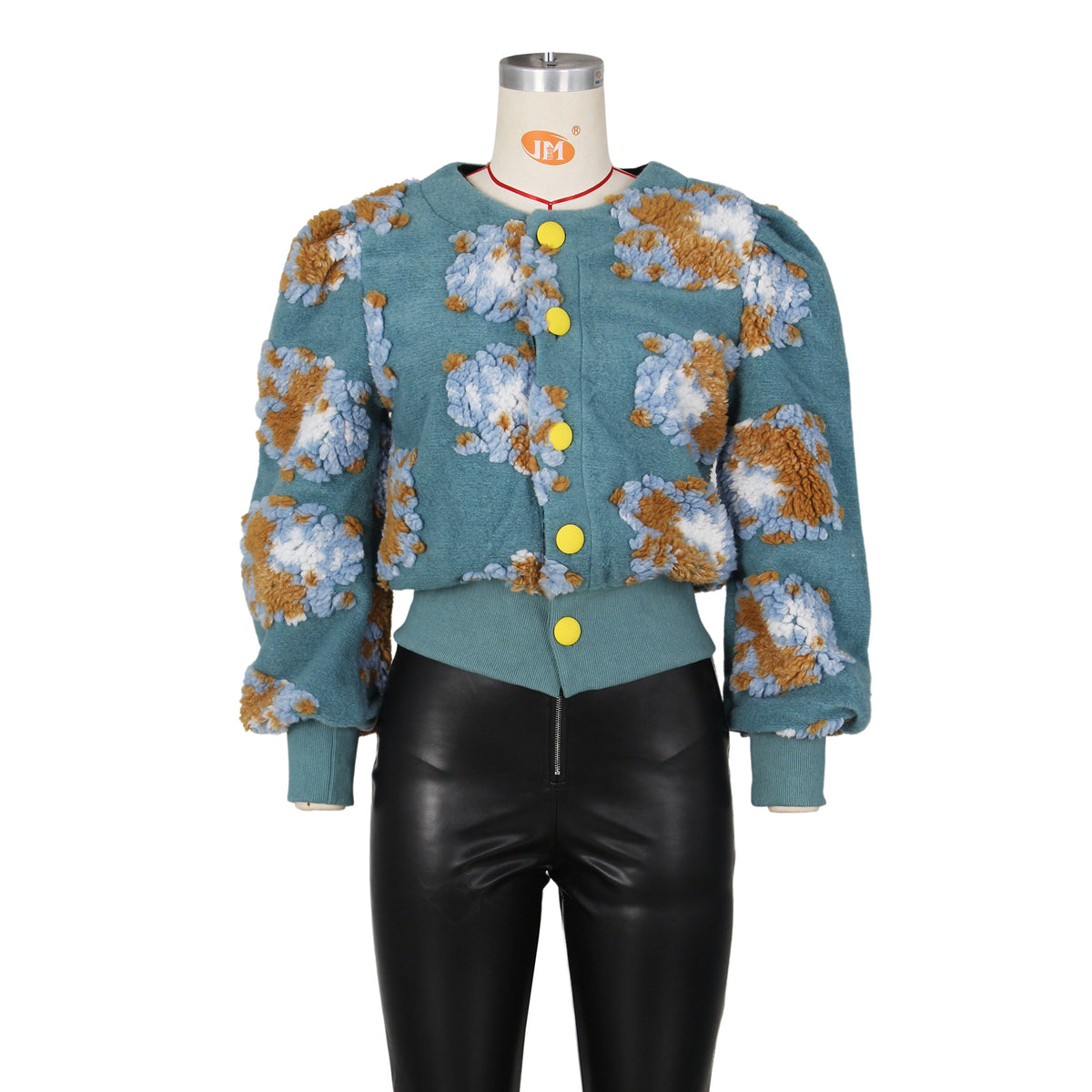 Puff Floral Applique Cropped Bomber Jacket - blue - 1