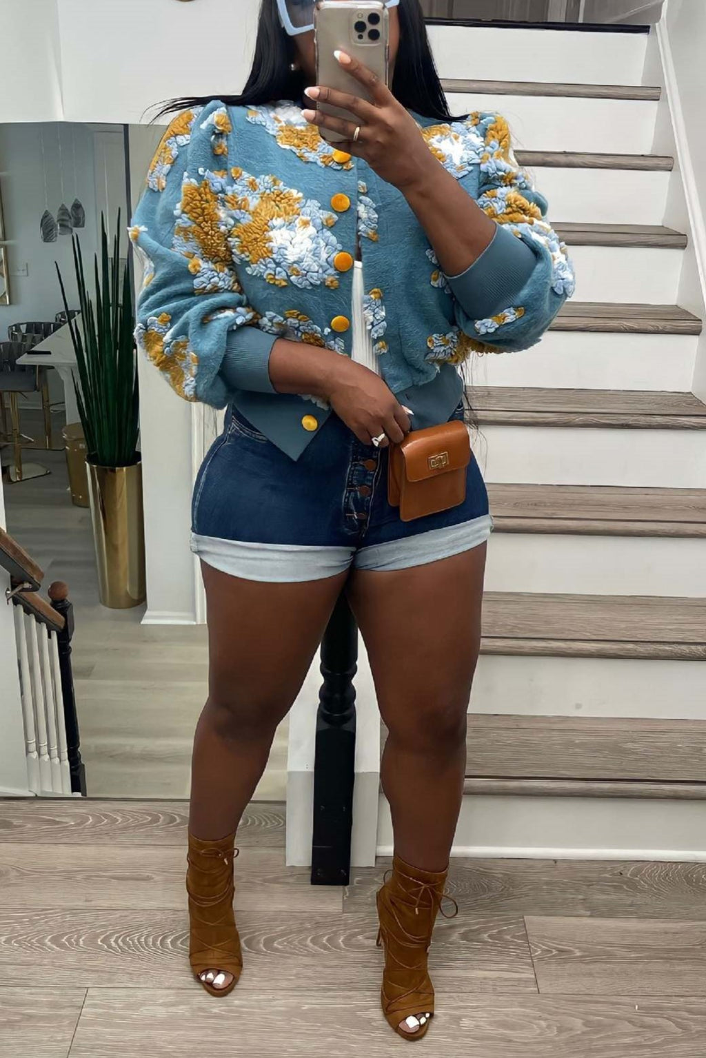 Puff Floral Applique Cropped Bomber Jacket - blue - 10