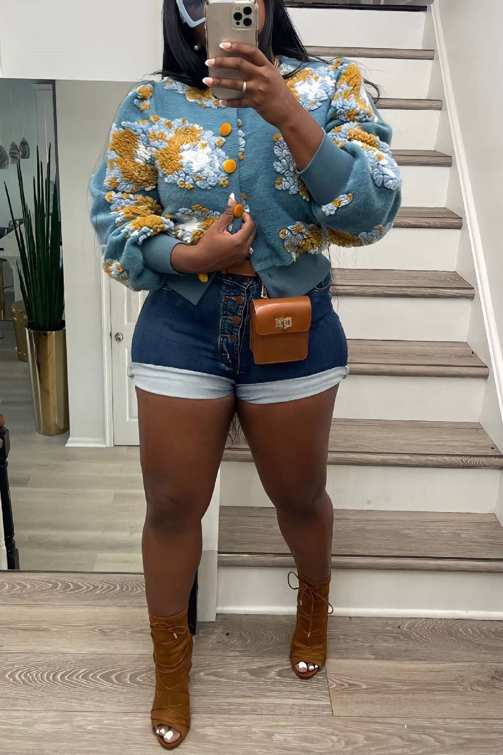 Puff Floral Applique Cropped Bomber Jacket - blue - 11