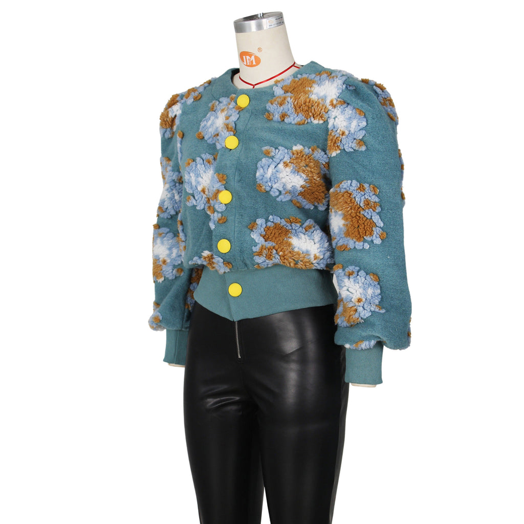 Puff Floral Applique Cropped Bomber Jacket - blue - 2