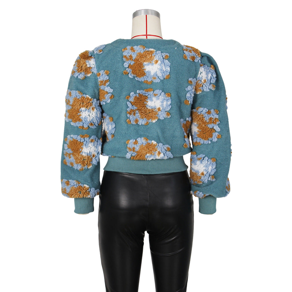 Puff Floral Applique Cropped Bomber Jacket - blue - 3