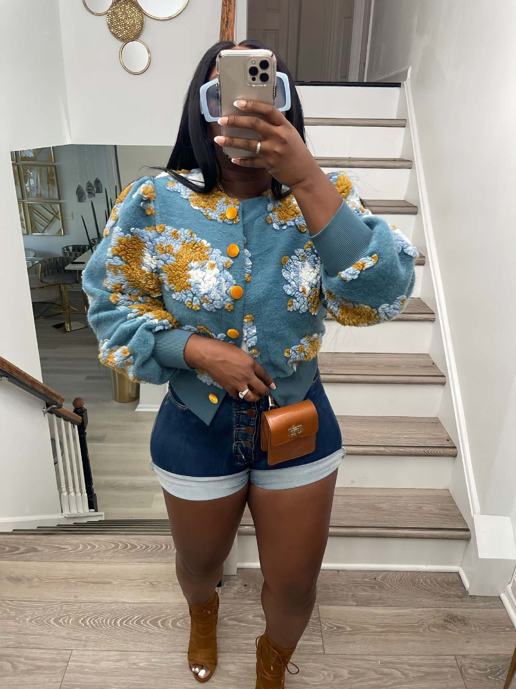 Puff Floral Applique Cropped Bomber Jacket - blue - 4