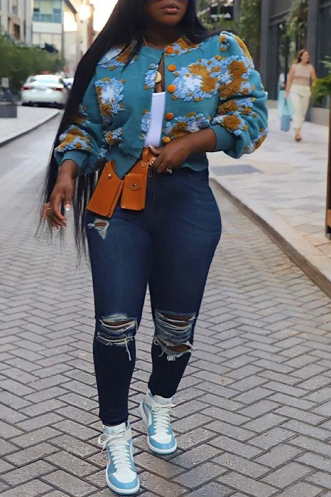 Puff Floral Applique Cropped Bomber Jacket - blue - 6