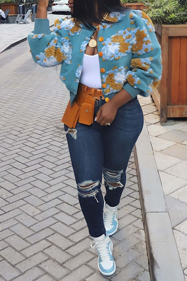 Puff Floral Applique Cropped Bomber Jacket - blue - 7