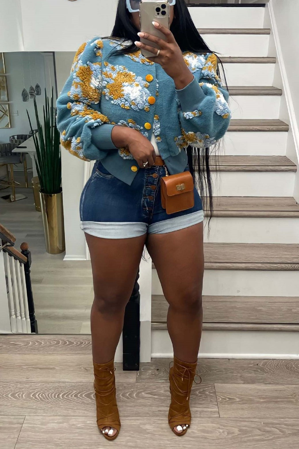 Puff Floral Applique Cropped Bomber Jacket - blue - 8