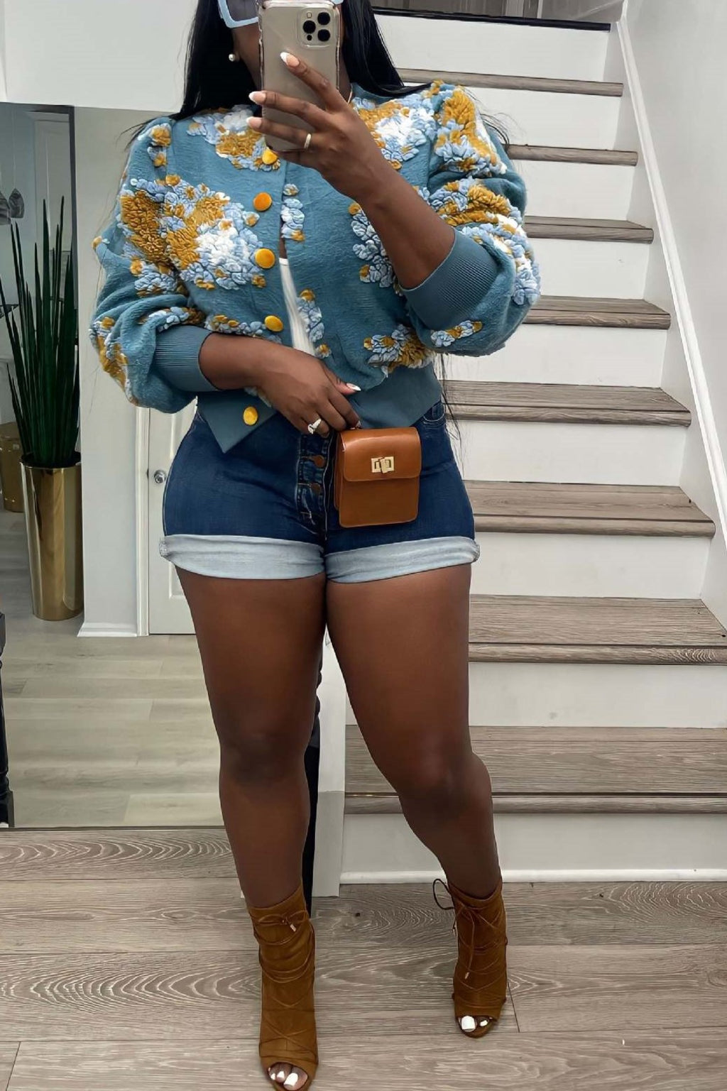 Puff Floral Applique Cropped Bomber Jacket - blue - 9