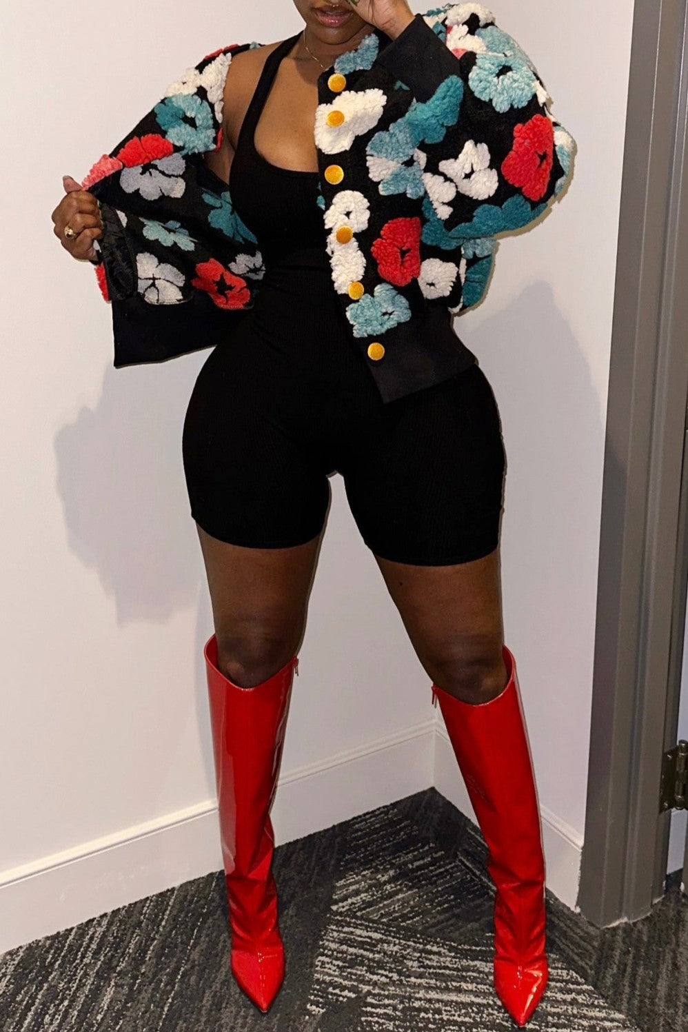 Puff Floral Applique Cropped Bomber Jacket - view 6