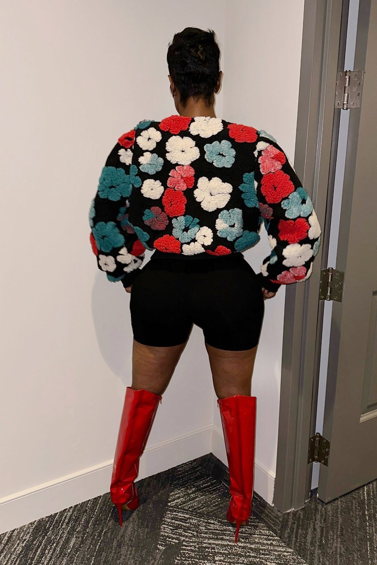 Puff Floral Applique Cropped Bomber Jacket - view 7