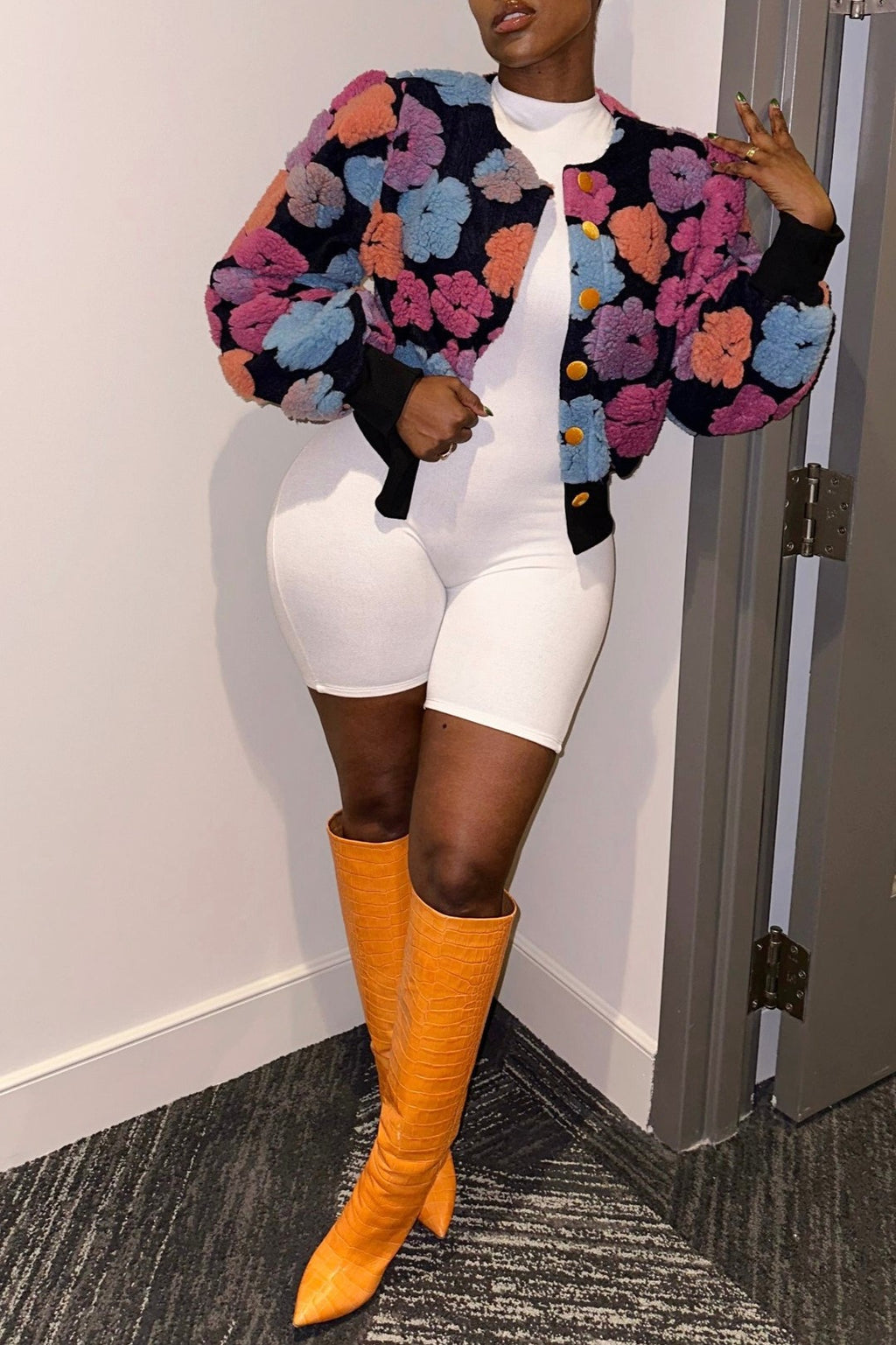 Puff Floral Applique Cropped Bomber Jacket - view 9