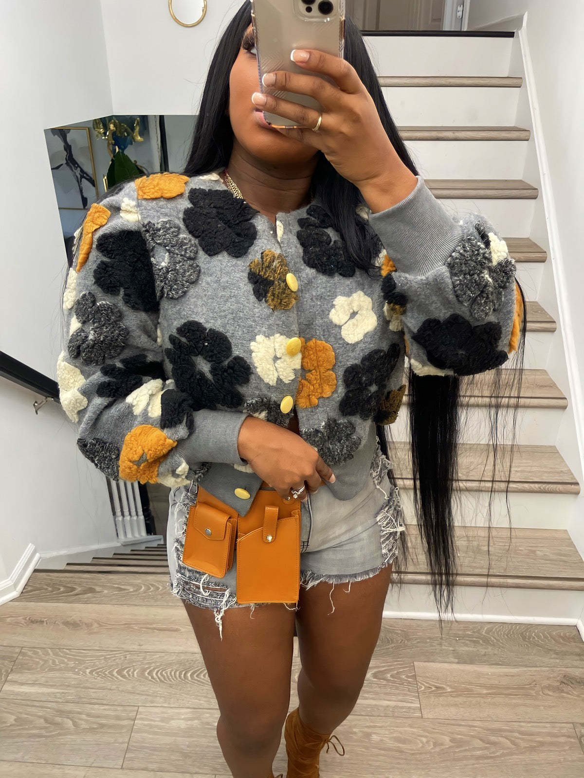 Puff Floral Applique Cropped Bomber Jacket - gray