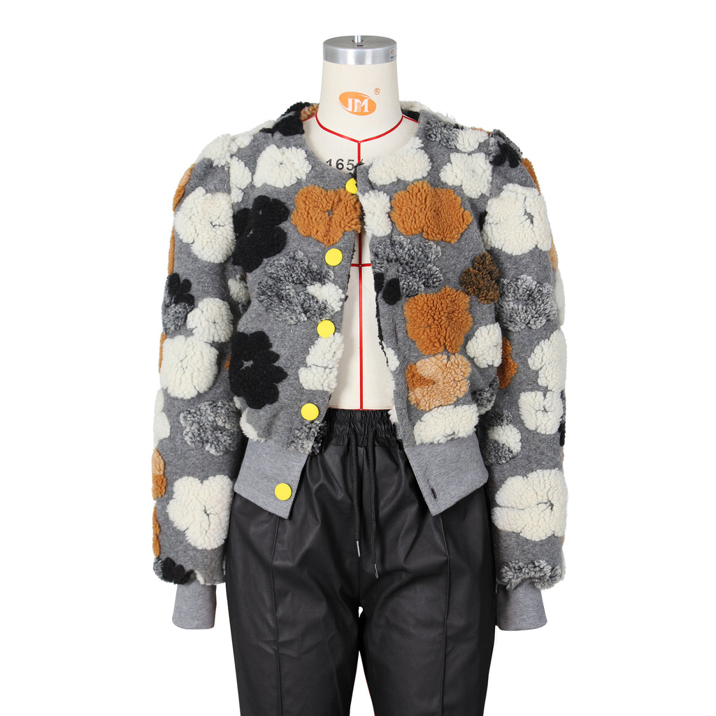 Puff Floral Applique Cropped Bomber Jacket - gray - 1