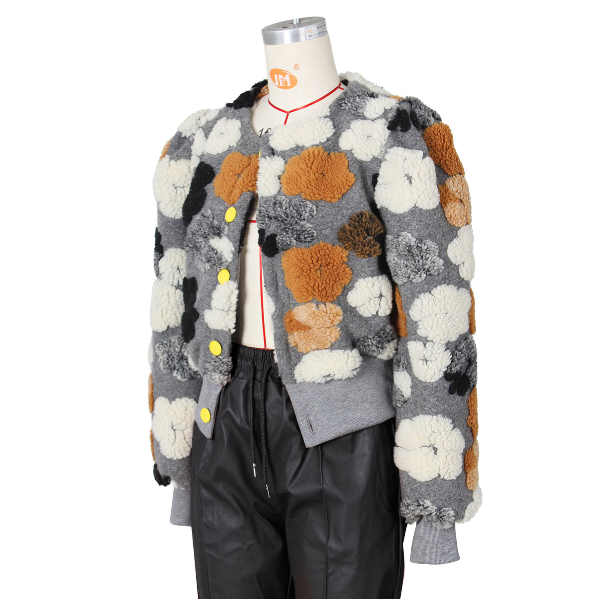 Puff Floral Applique Cropped Bomber Jacket - gray - 2