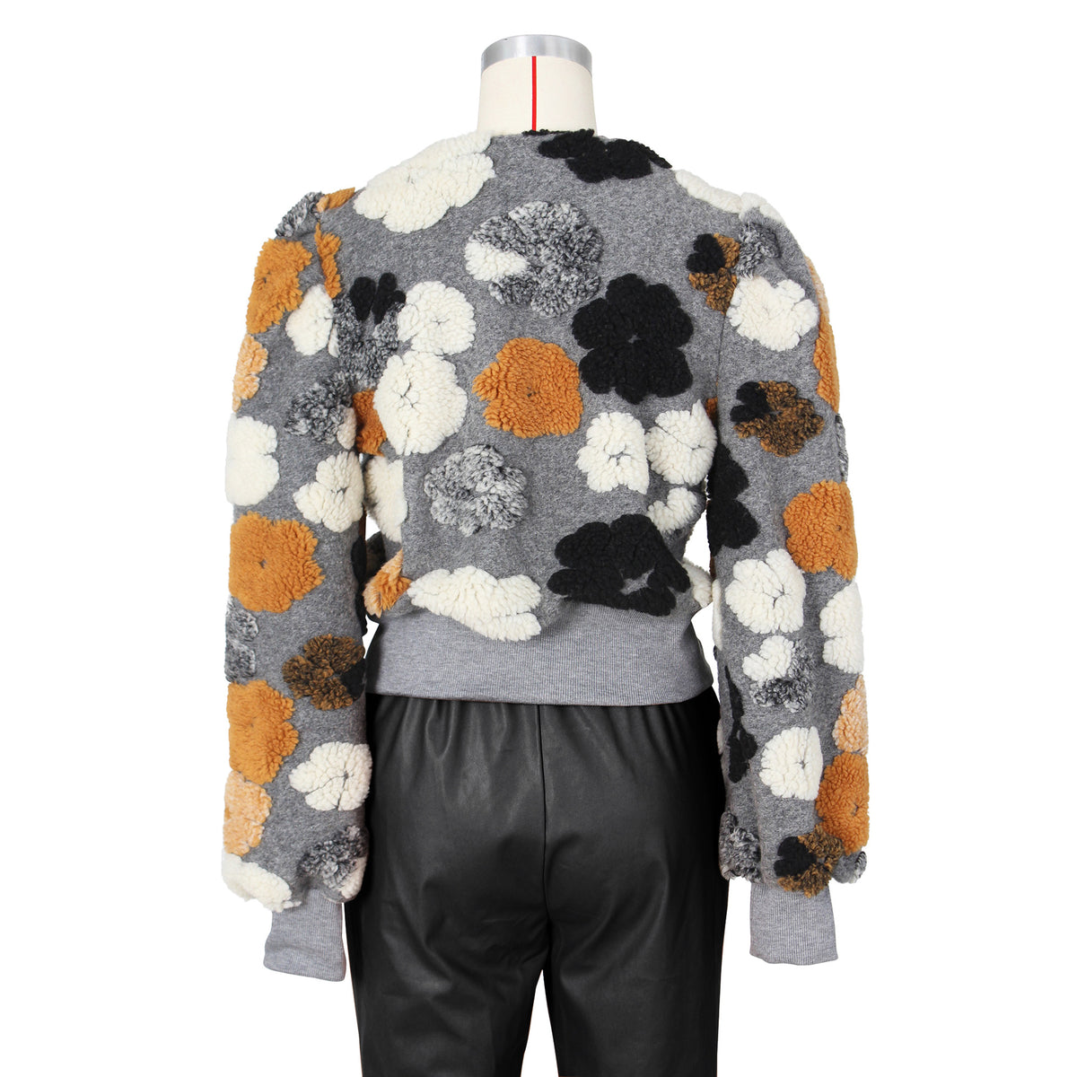 Puff Floral Applique Cropped Bomber Jacket - gray - 3