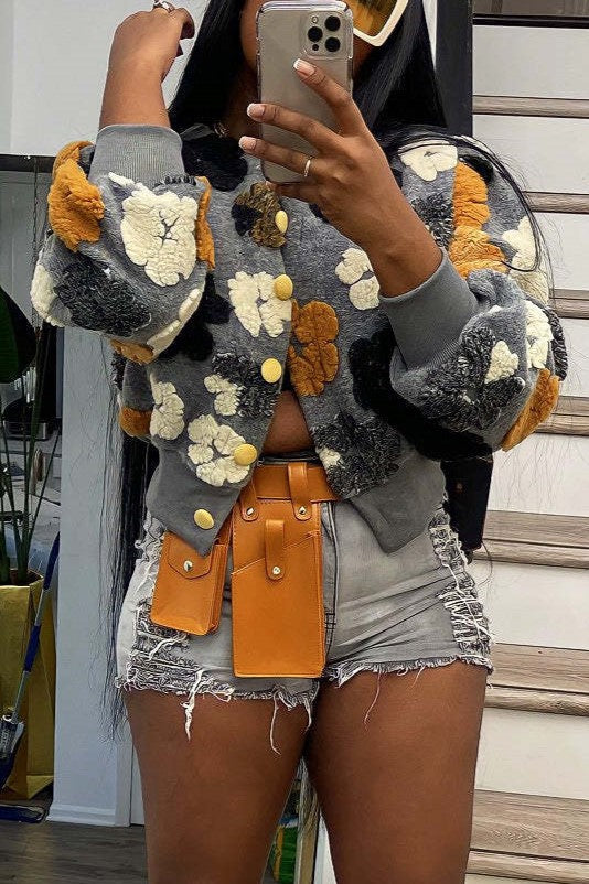 Puff Floral Applique Cropped Bomber Jacket - gray - 4