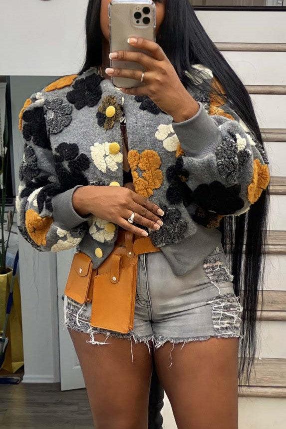 Puff Floral Applique Cropped Bomber Jacket - gray - 5