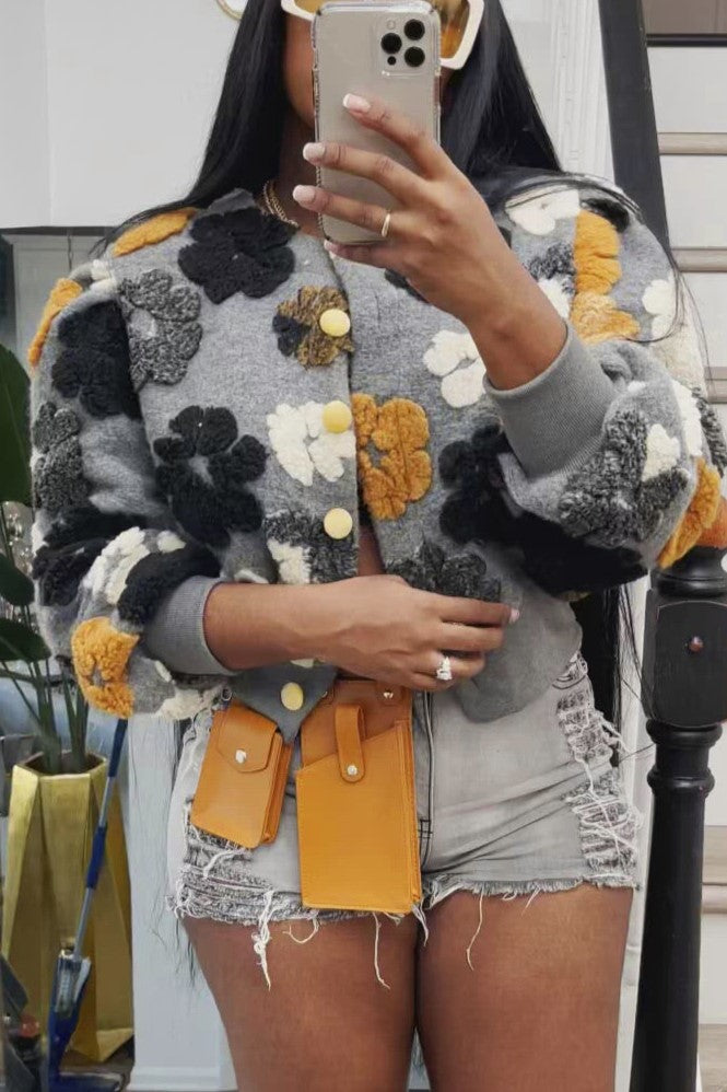 Puff Floral Applique Cropped Bomber Jacket - gray - 6