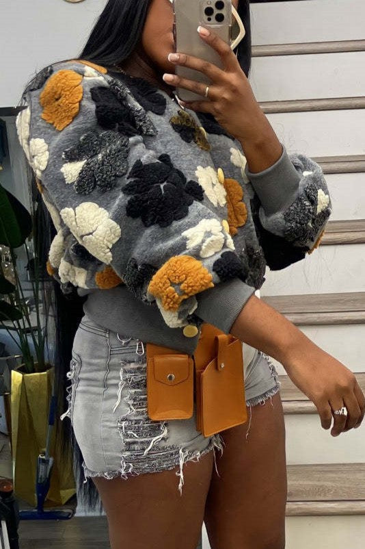 Puff Floral Applique Cropped Bomber Jacket - gray - 7