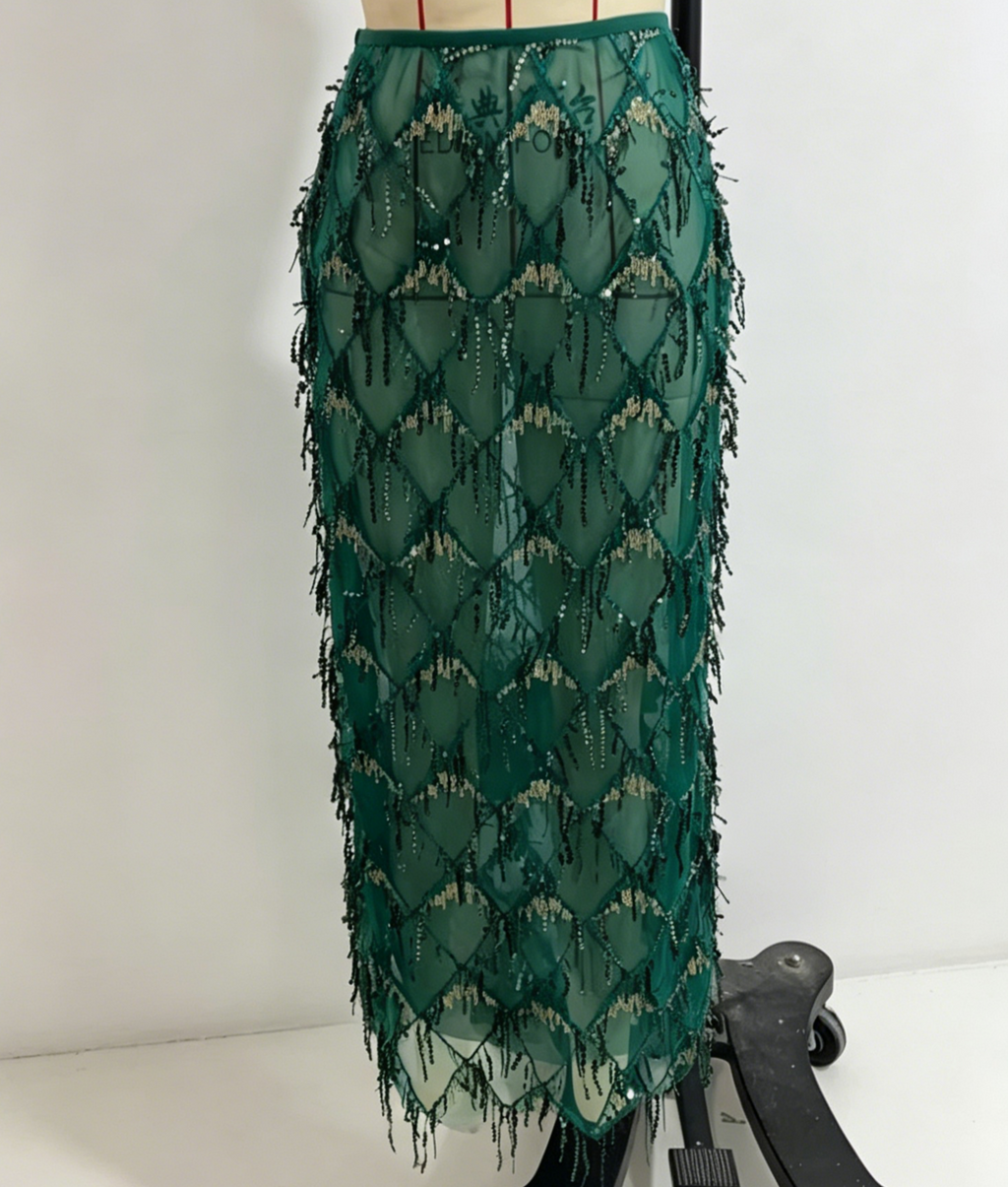 Tassel Sequin Party Skirt With Side Slit - Green
