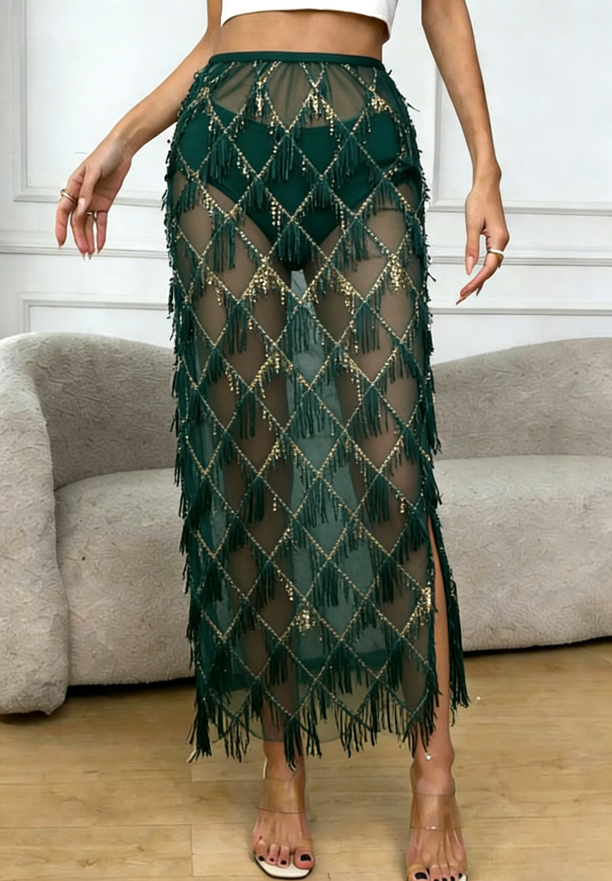 Tassel Sequin Party Skirt With Side Slit - Green - 1