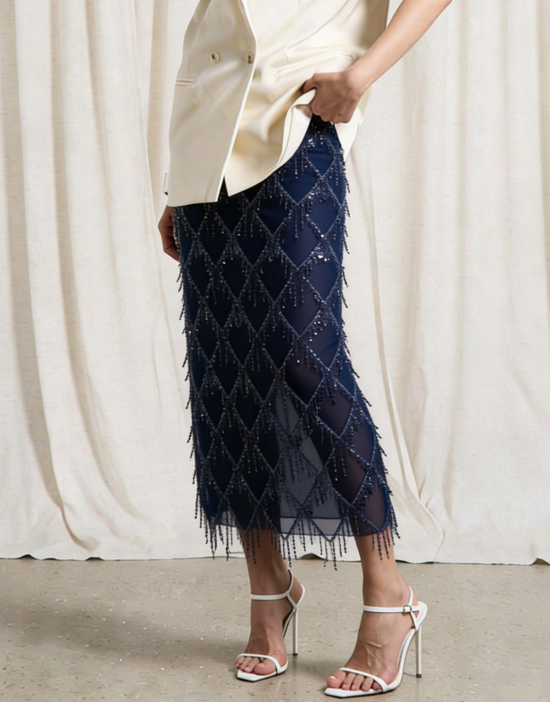 Tassel Sequin Party Skirt With Side Slit - NavyBlue - 1