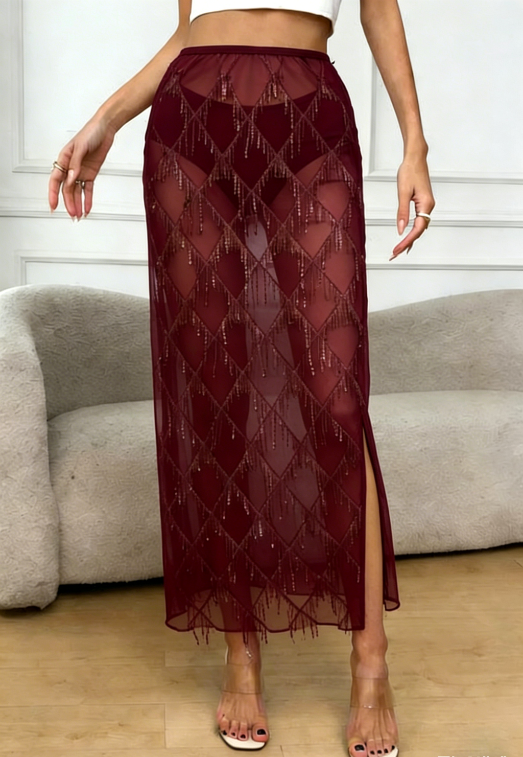 Tassel Sequin Party Skirt With Side Slit - PRed