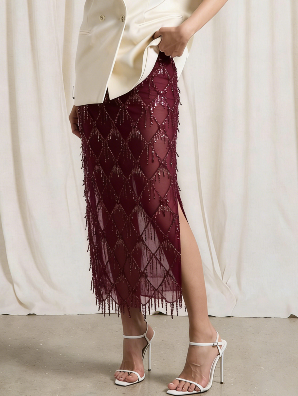 Tassel Sequin Party Skirt With Side Slit - PRed - 1