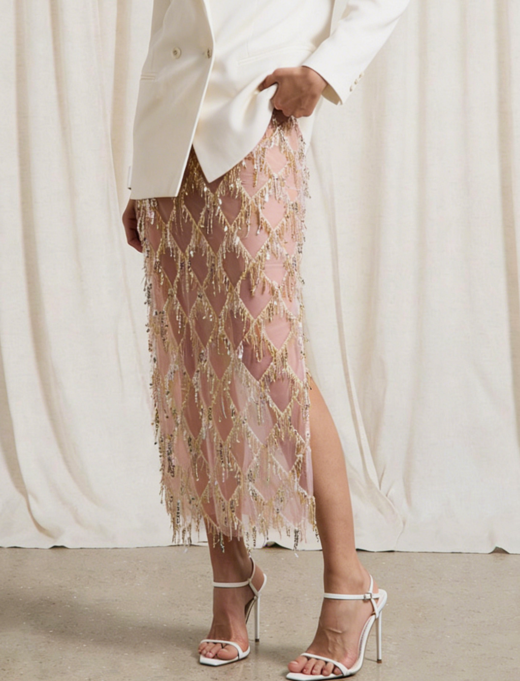 Tassel Sequin Party Skirt With Side Slit - Pink
