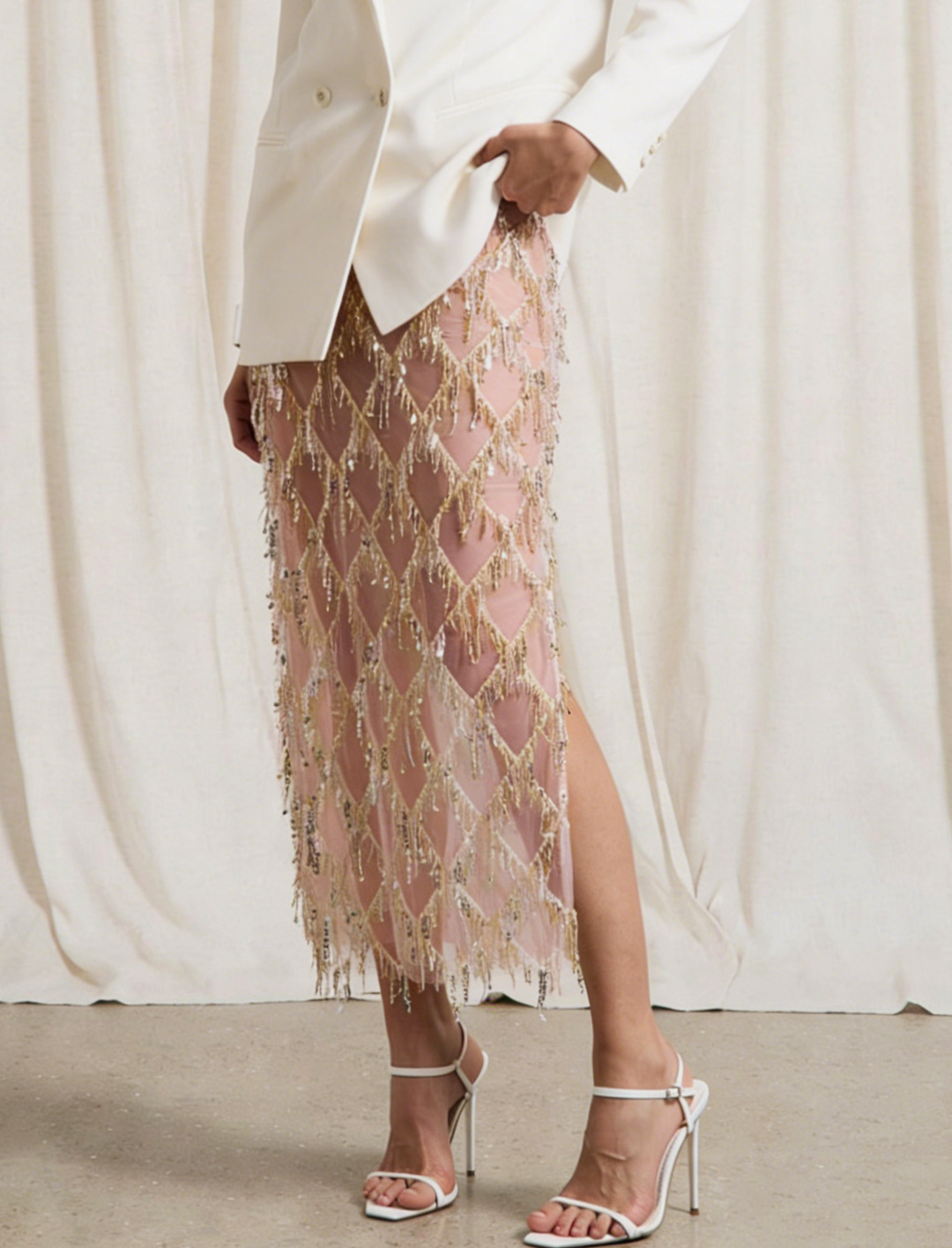 Tassel Sequin Party Skirt With Side Slit - Pink